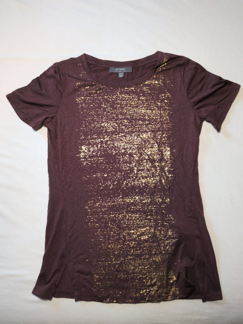 Lisa Rinna Collection Distressed Foil Printed Knit Top Wine Size XXS